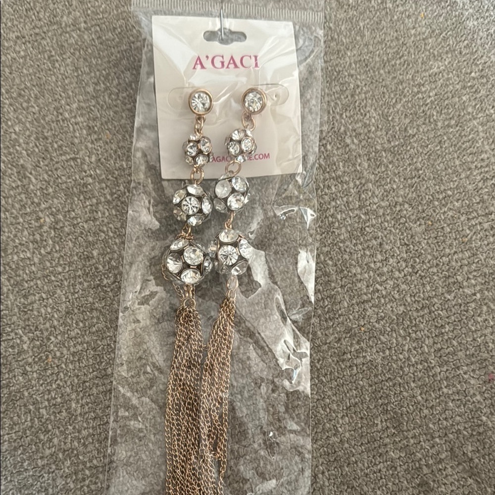 A’GACI Diamond Stud Gold Chain Tassel Post Back Earrings Costume